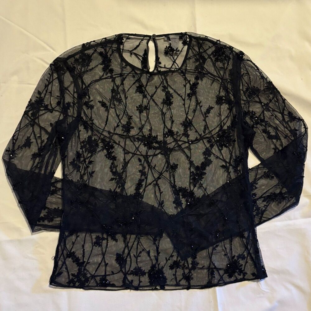 Anne Klein Y2K Beaded Mesh Long Sleeve Blouse Top Size 6 2000s Fairy Grunge - Picture 4 of 8